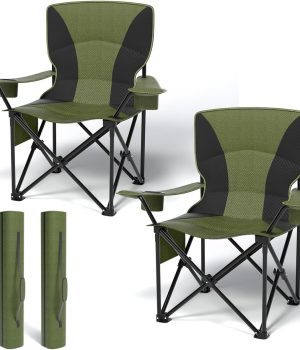 Heavy Duty Folding Chair 500LB Capacity, Oversized Camping Chairs with Cup Holder, Cooler Bag & Storage Pouch, Double-Layer Fabric, Outdoor Chairs for Sports, Lawn Chairs (2, Black Green, Extra Large)