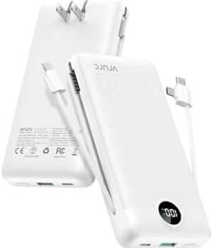 VRURC Power Bank 20000mAh, Fast Charging Portable Charger USB C,4 Output 2 Input Travel Essentials Charging Bank Equipped with LED Display,Built-in Wall Plug and Cables,Phone Charger Battery,White